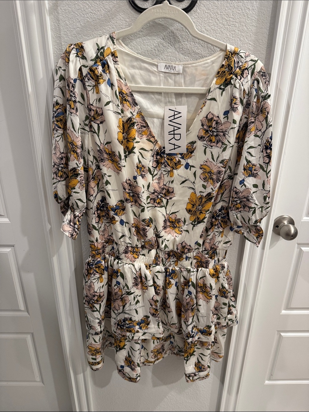Avara White Floral V-Neck Mini Dress with Yellow Blooms